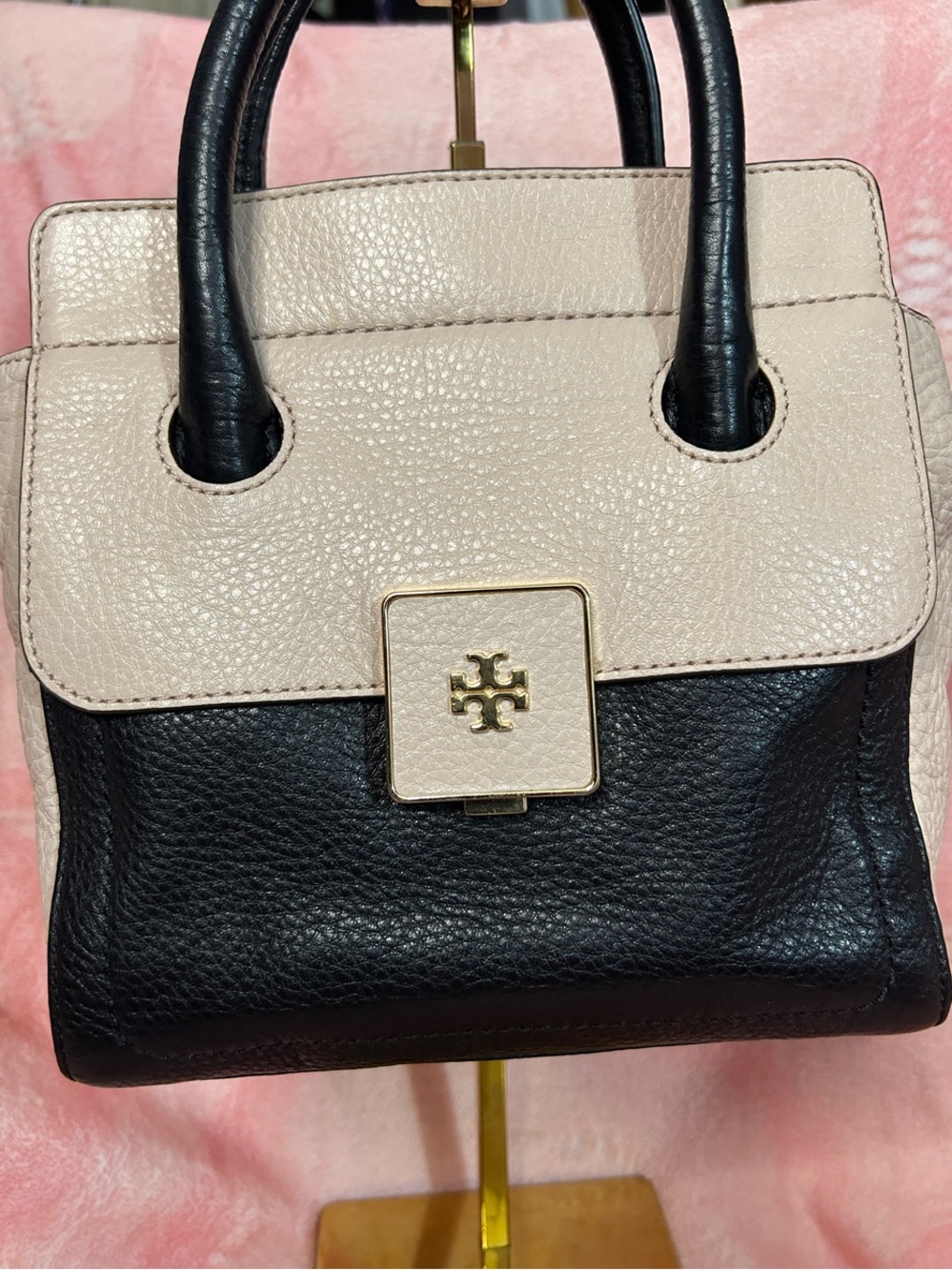Tory Burch Small Clara Leather Tote in Two Tone Pink and Black Retail $425.00